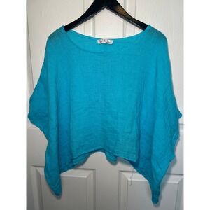 Gigi Moda Made in Italy Linen Poncho Top Oversized Boat Neck Turquoise OS